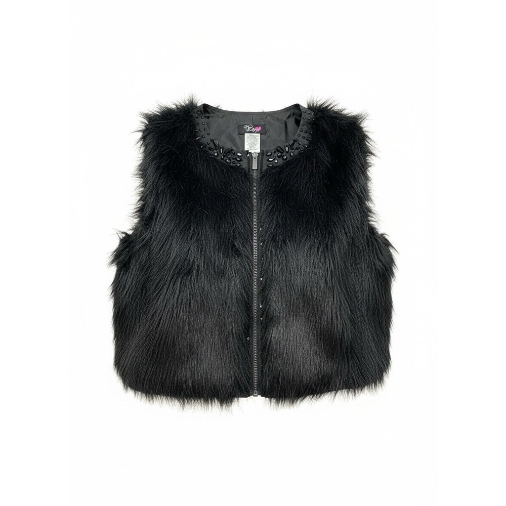 Vintage Faux Fur Vest Sequin Beads Shaggy Y2K Boho Festival Glam Emo Indie